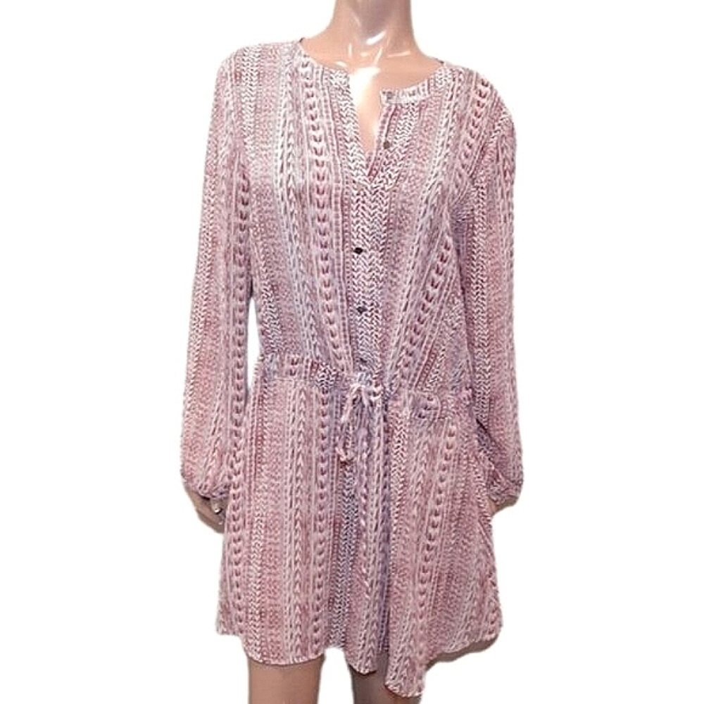 Forever 21 Long Sleeve Tie Waist Dress Striped Print Buttoned Sheer Flowy